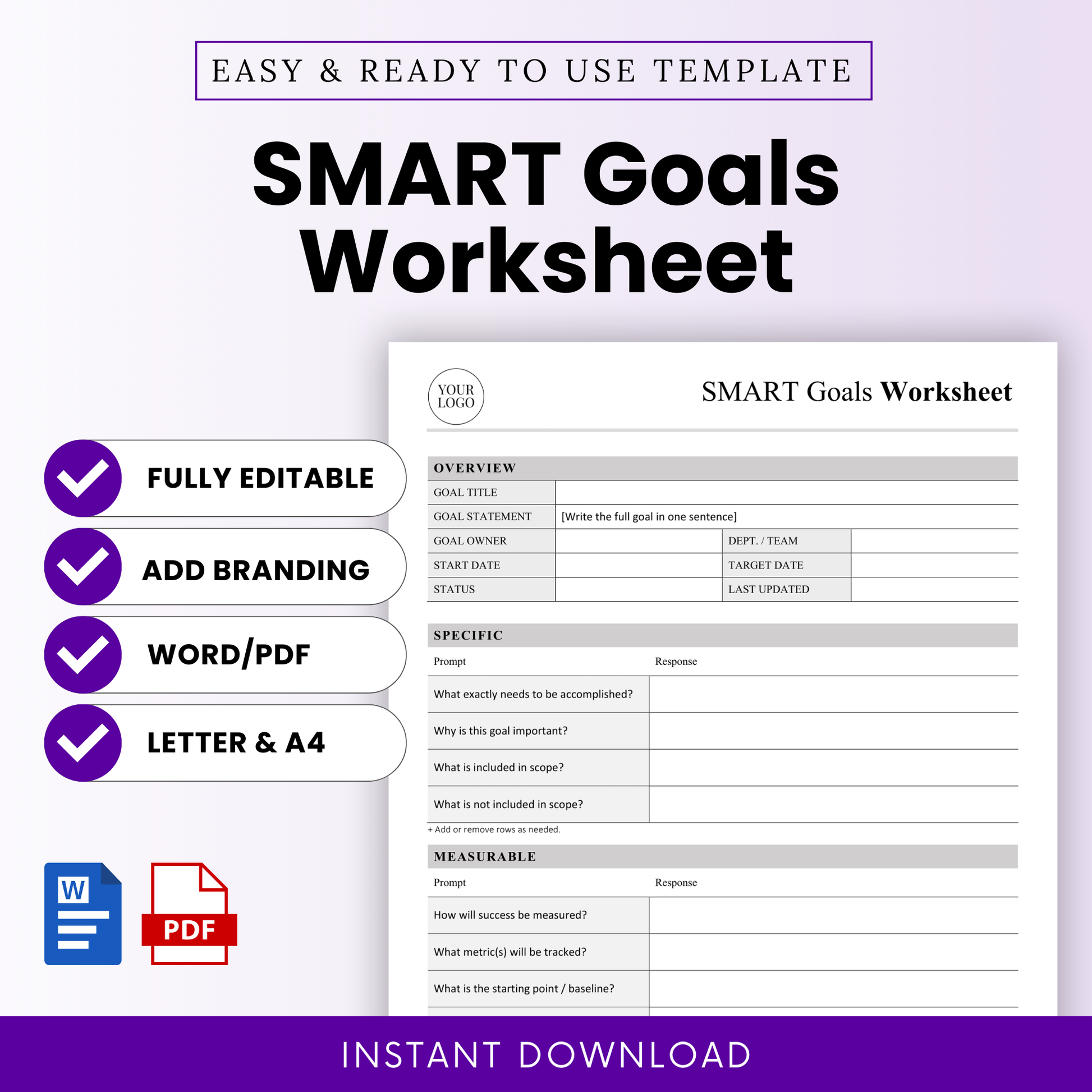 SMART goals worksheet template preview showing editable goal planning sheet with sections for overview, specific, measurable, and action planning, includes Word and PDF formats in US Letter and A4 sizes, minimal professional design