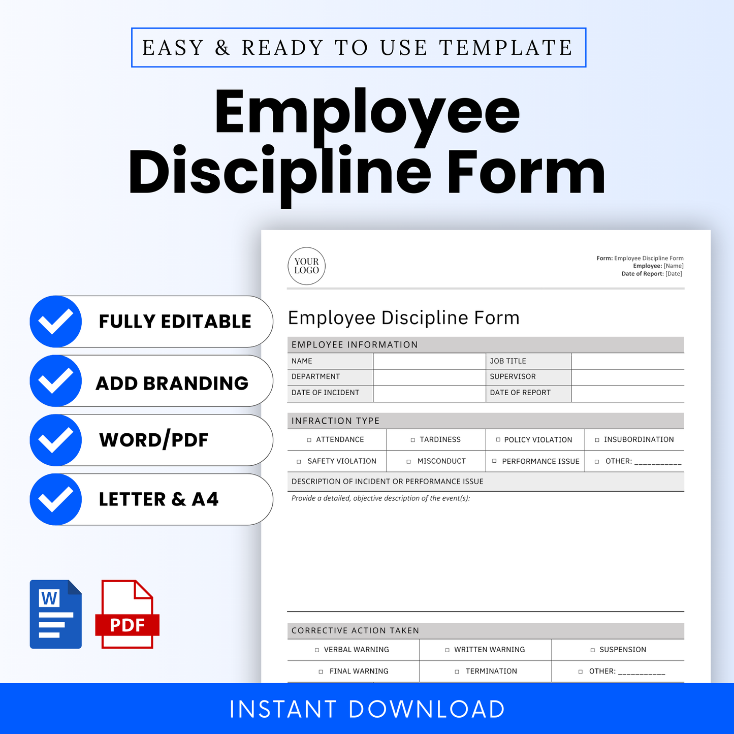 Employee Discipline Form template preview with editable features, Word and PDF formats, branding option, and letter/A4 sizes – shown with form mockup and instant download icons.