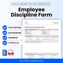 Employee Discipline Form template preview with editable features, Word and PDF formats, branding option, and letter/A4 sizes – shown with form mockup and instant download icons.