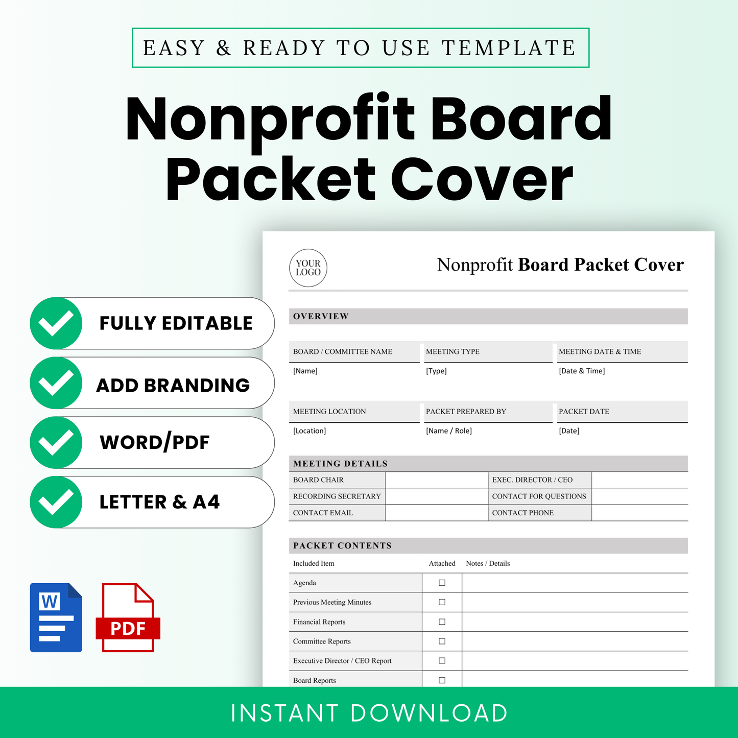 Editable nonprofit board packet cover template preview with clean minimalist layout, fully editable Word and printable PDF files in US Letter and A4 sizes, ideal for nonprofit board meetings, committee packets, board agenda organization, and professional meeting materials