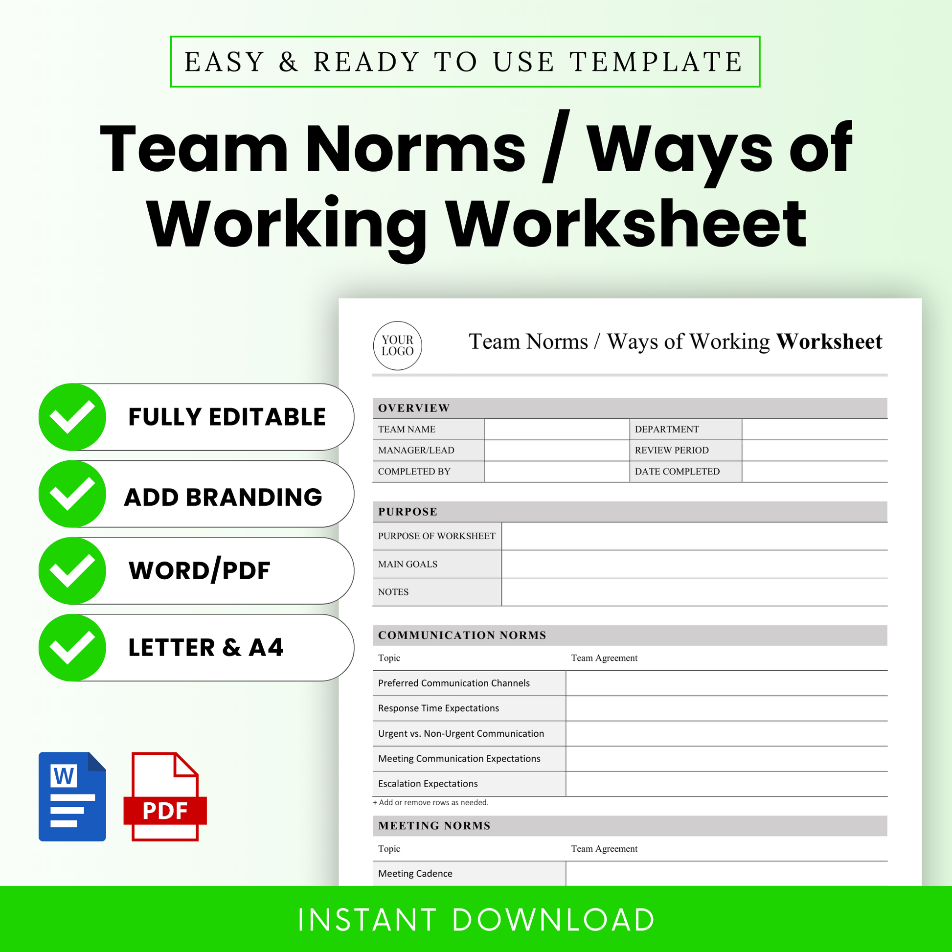 Team norms worksheet template with editable sections for communication, meetings, and team expectations, minimalist green and white design, Word and PDF format, instant download