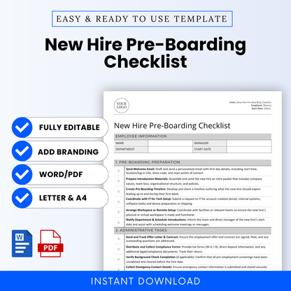 Professional New Hire Pre-Boarding Checklist Template for HR teams and small businesses. Fully editable onboarding form in Microsoft Word and PDF formats. Includes employee information section, pre-boarding tasks, administrative paperwork tracker, and team coordination steps. Instant digital download. Customizable with company logo and branding. Designed for HR managers, recruiters, remote onboarding, startup hiring, and employee onboarding planning. Compatible with US Letter and A4 sizes.