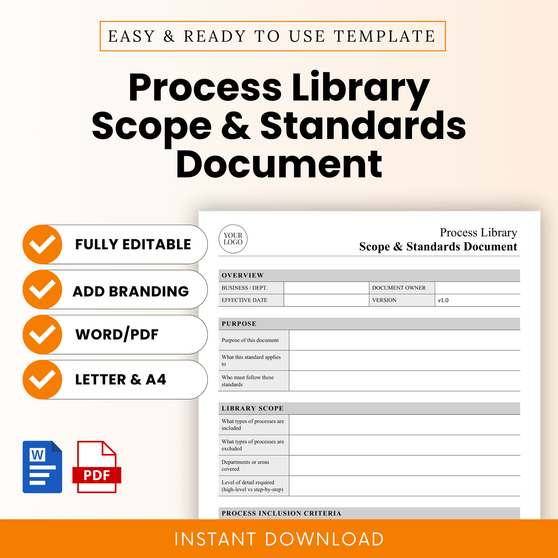 Process library scope and standards document template cover with clean minimalist layout, editable SOP template for business operations, Word and PDF formats, letter and A4 sizes, instant download