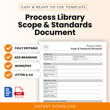 Process library scope and standards document template cover with clean minimalist layout, editable SOP template for business operations, Word and PDF formats, letter and A4 sizes, instant download