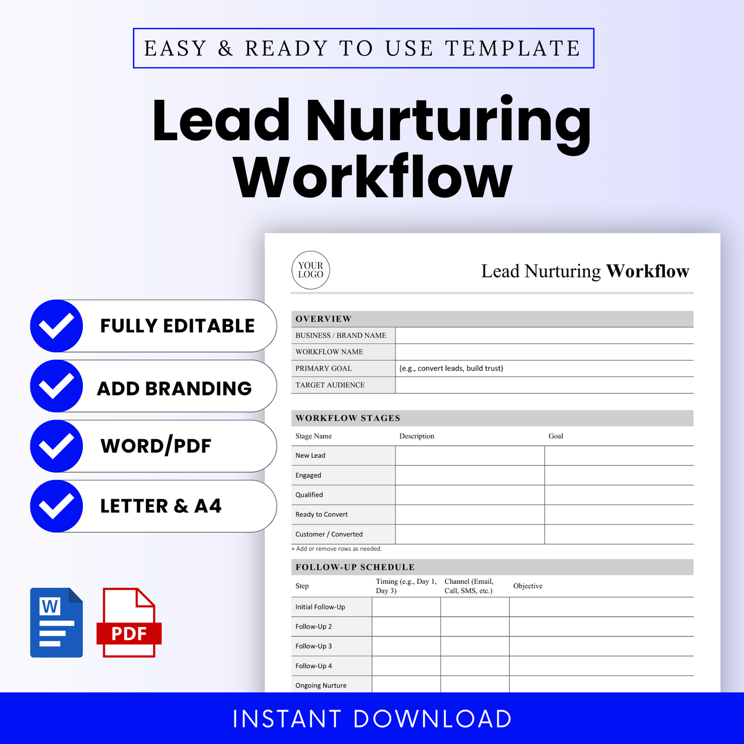 Lead Nurturing Workflow Template Word and Lead Nurturing Workflow Template PDF shown in a clean, modern layout with key features highlighted. This simple Lead Nurturing Workflow Template is fully editable and ideal for small business owners, marketers, and teams looking to streamline lead management and sales funnels.