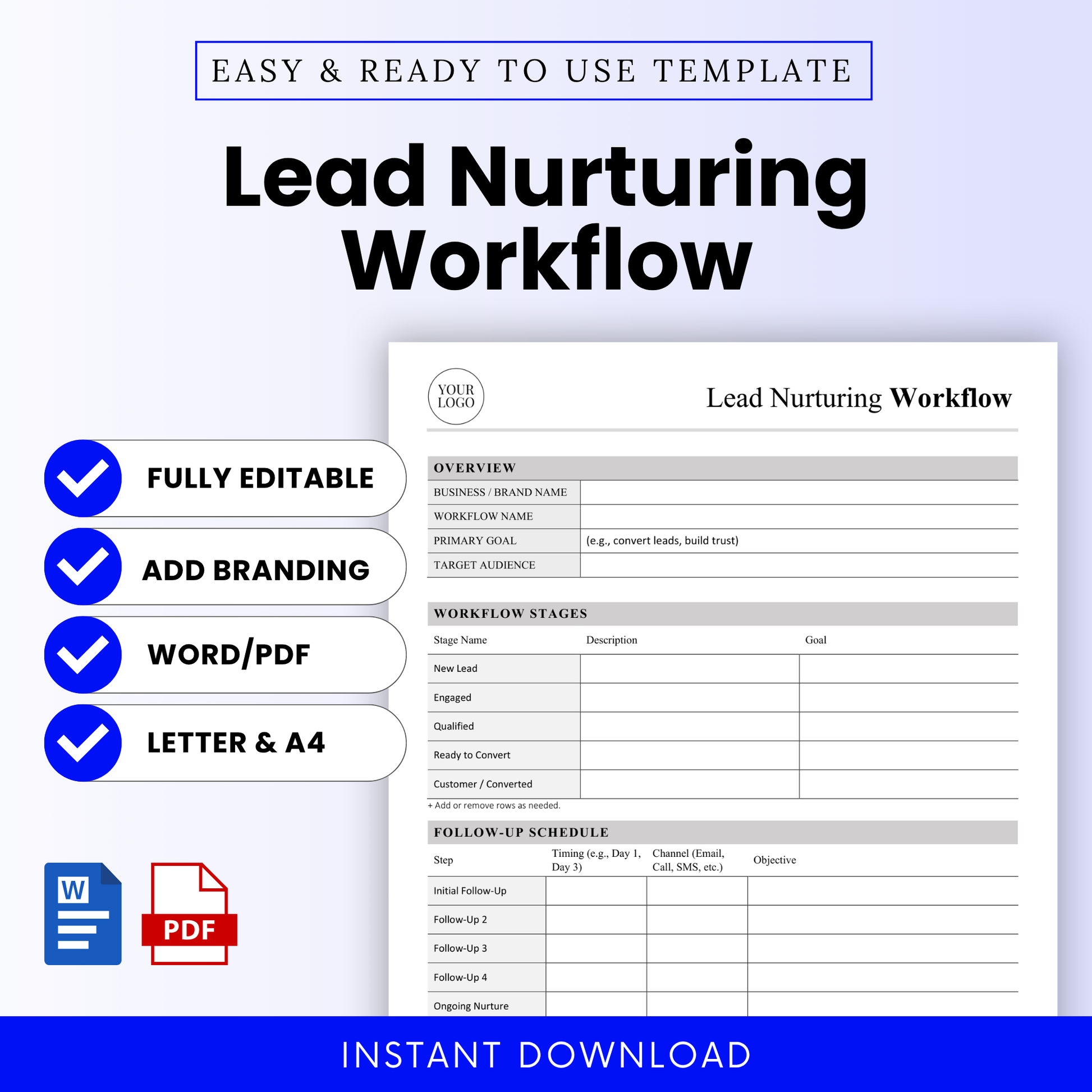 Lead Nurturing Workflow Template Word and Lead Nurturing Workflow Template PDF shown in a clean, modern layout with key features highlighted. This simple Lead Nurturing Workflow Template is fully editable and ideal for small business owners, marketers, and teams looking to streamline lead management and sales funnels.
