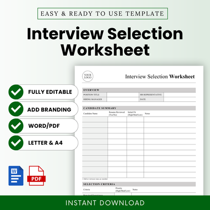 Interview selection worksheet template preview with clean minimalist HR hiring form layout, editable recruitment tracker document, candidate evaluation sheet, Word and PDF format, instant download business hiring tool