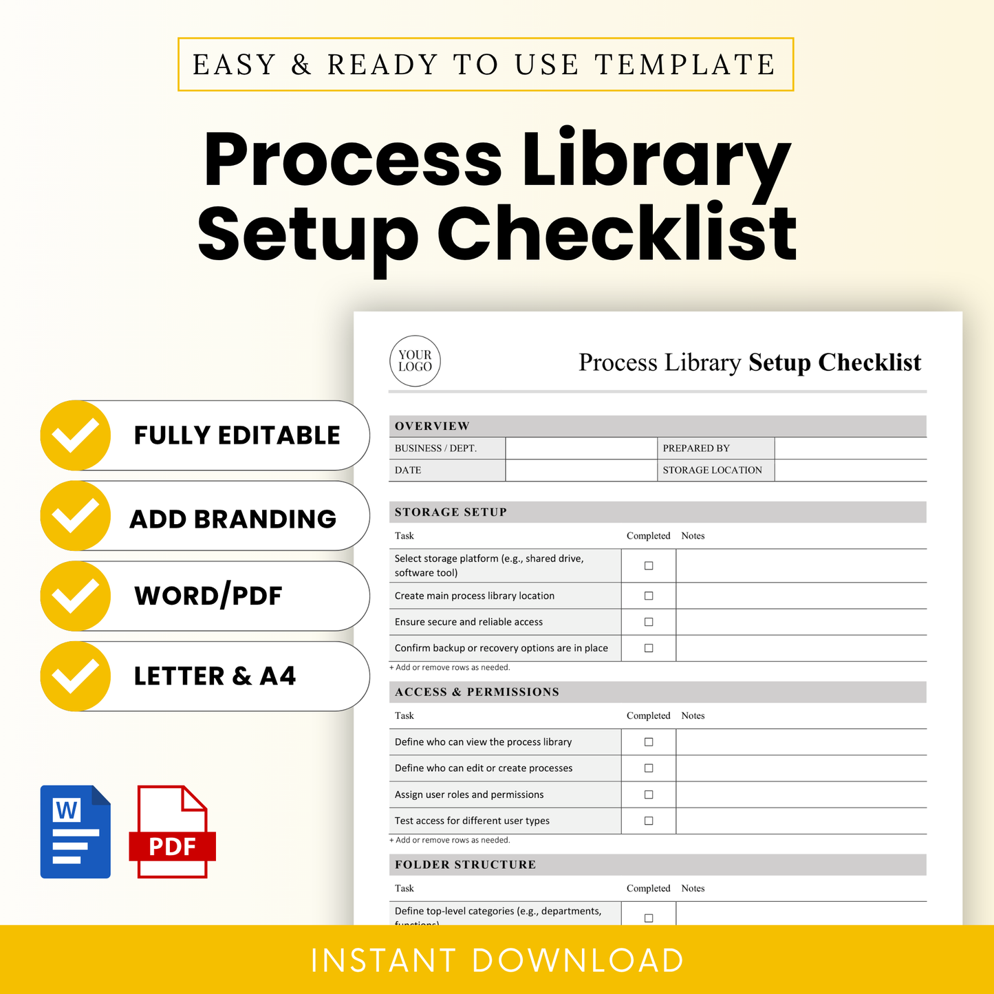Process library setup checklist template preview with editable business document layout, SOP checklist, workflow organization template, Word and PDF formats, instant download
