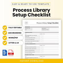 Process library setup checklist template preview with editable business document layout, SOP checklist, workflow organization template, Word and PDF formats, instant download