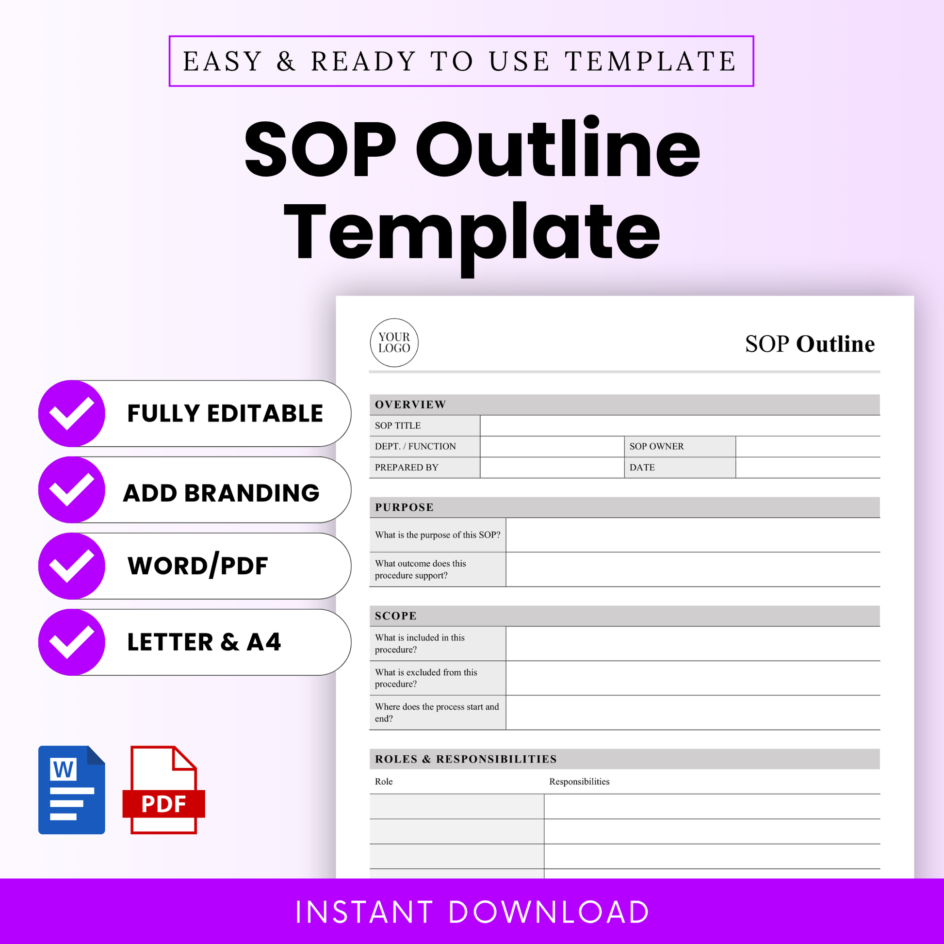 SOP outline template editable Word document with clean minimalist layout, business standard operating procedure template, instant download, includes Word and PDF formats, A4 and US Letter sizes