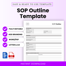 SOP outline template editable Word document with clean minimalist layout, business standard operating procedure template, instant download, includes Word and PDF formats, A4 and US Letter sizes
