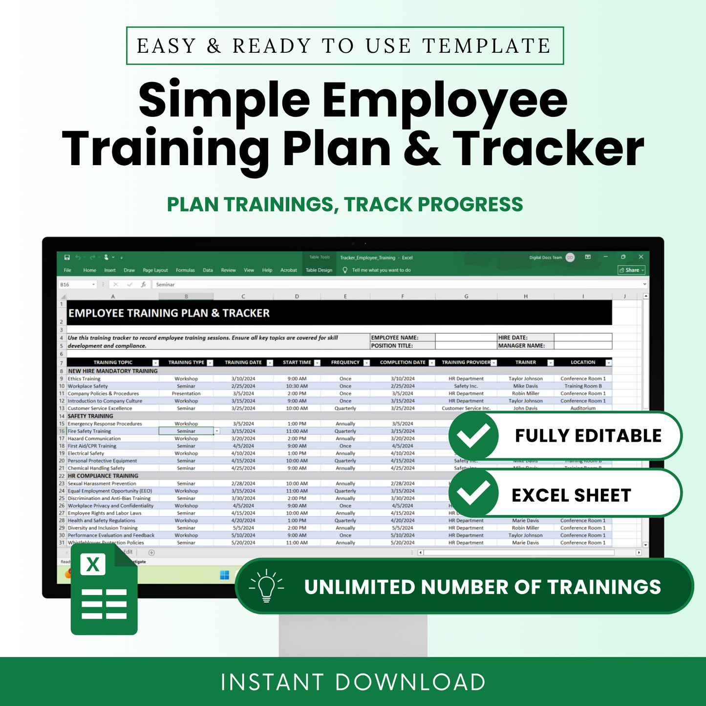 Simple Employee Training Plan & Tracker Template (Excel)