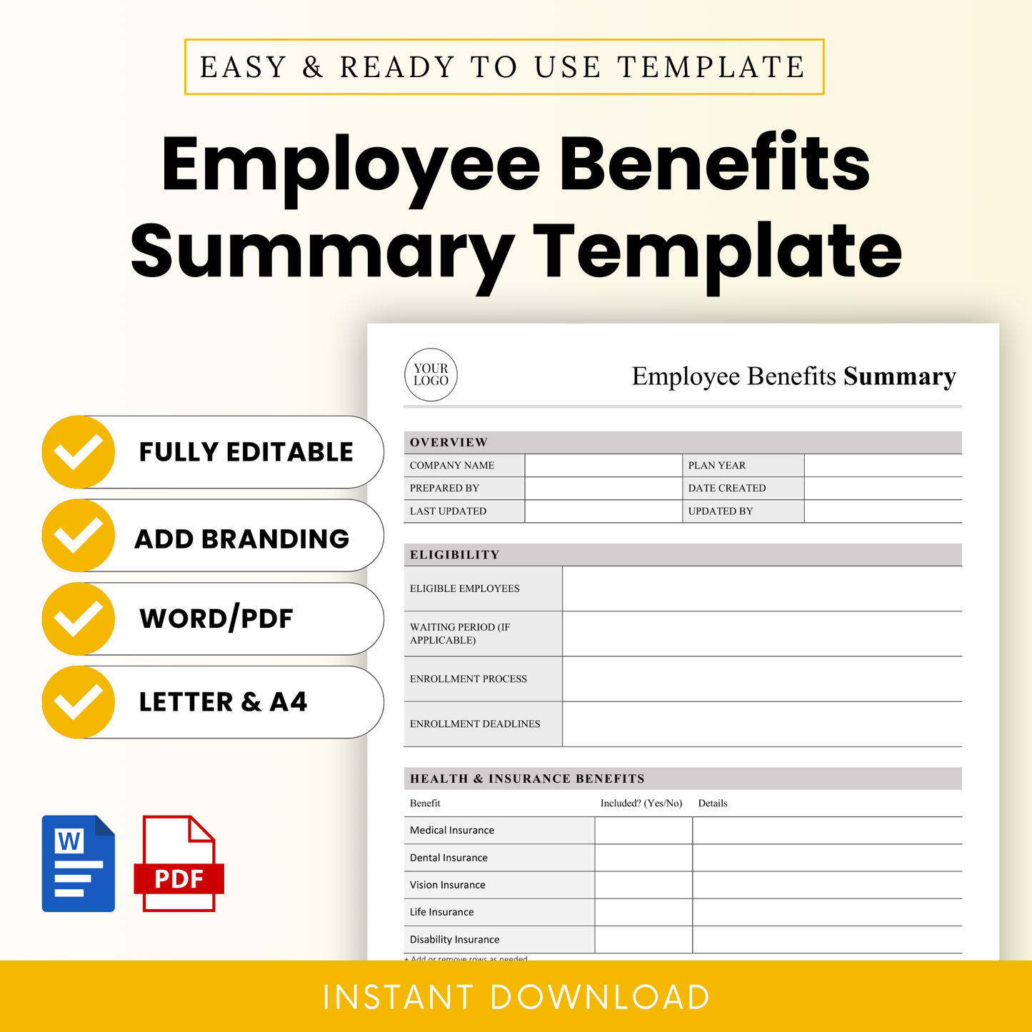 Employee benefits summary template cover featuring clean HR document layout, editable Word and PDF formats, minimalist design with checklist highlights for fully editable, branding-ready, letter and A4 sizes