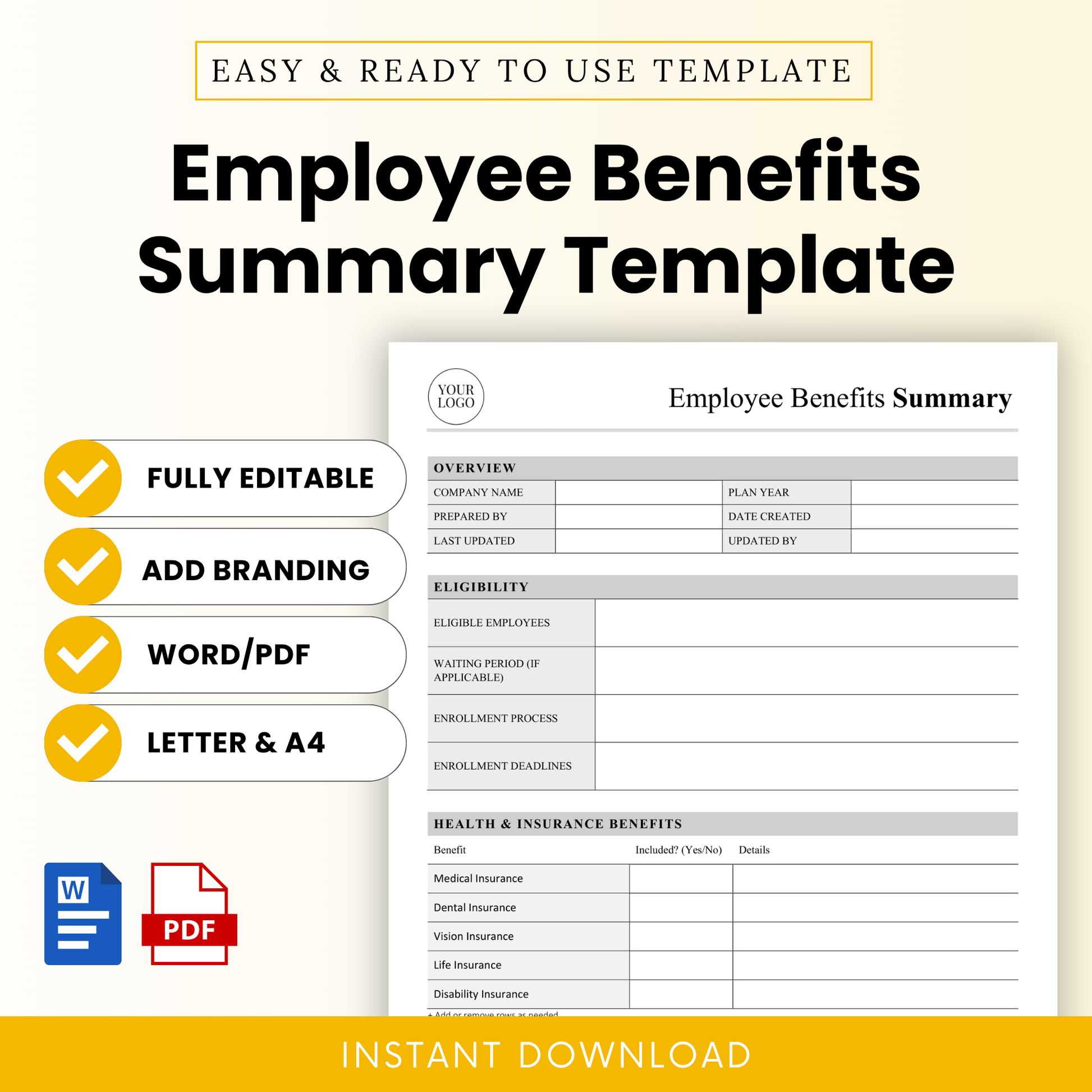 Employee benefits summary template cover featuring clean HR document layout, editable Word and PDF formats, minimalist design with checklist highlights for fully editable, branding-ready, letter and A4 sizes
