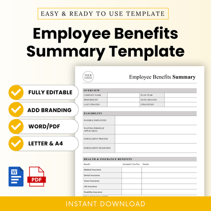 Employee benefits summary template cover featuring clean HR document layout, editable Word and PDF formats, minimalist design with checklist highlights for fully editable, branding-ready, letter and A4 sizes