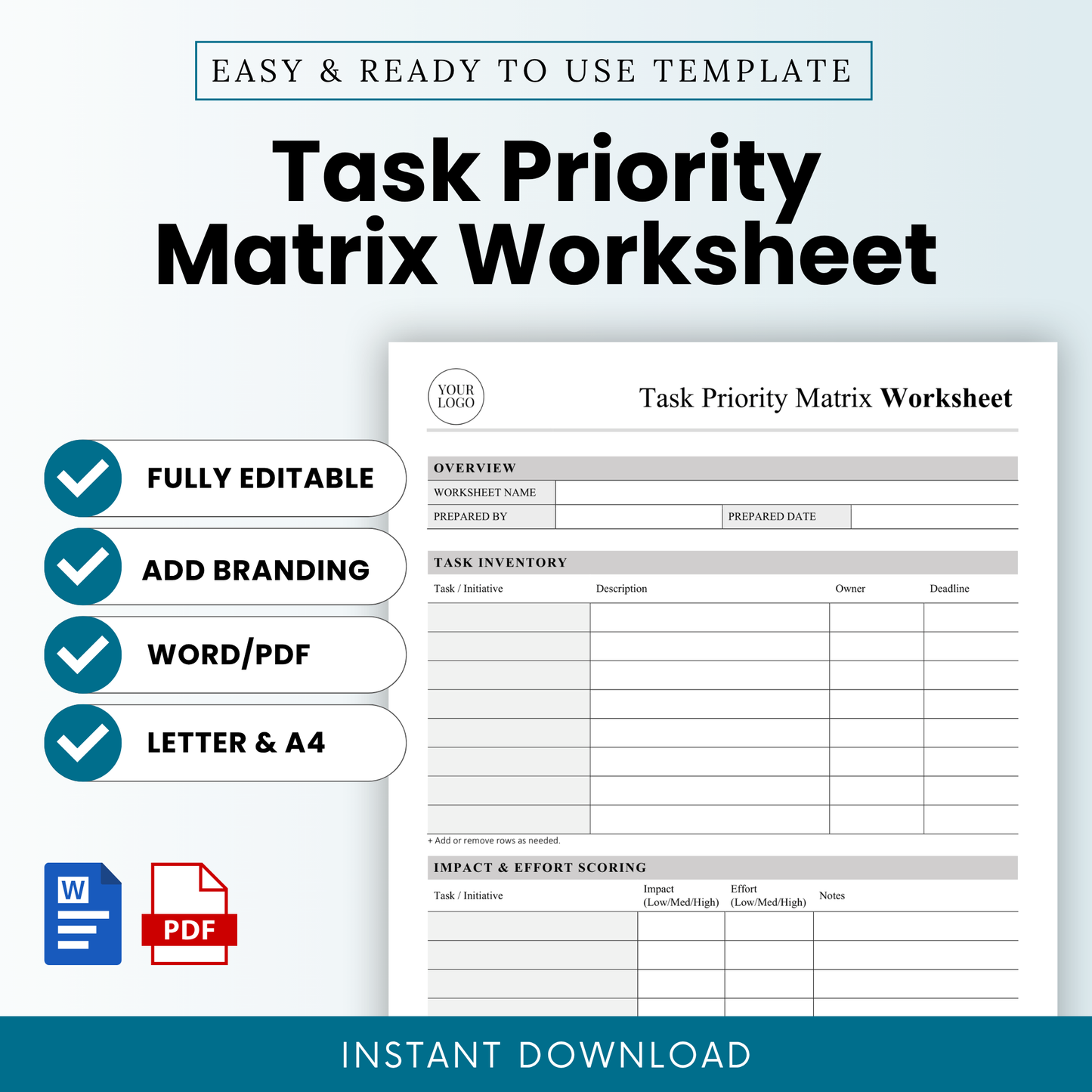 Task priority matrix worksheet template cover with clean minimalist layout, editable productivity planner, impact vs effort matrix printable, project management worksheet instant download