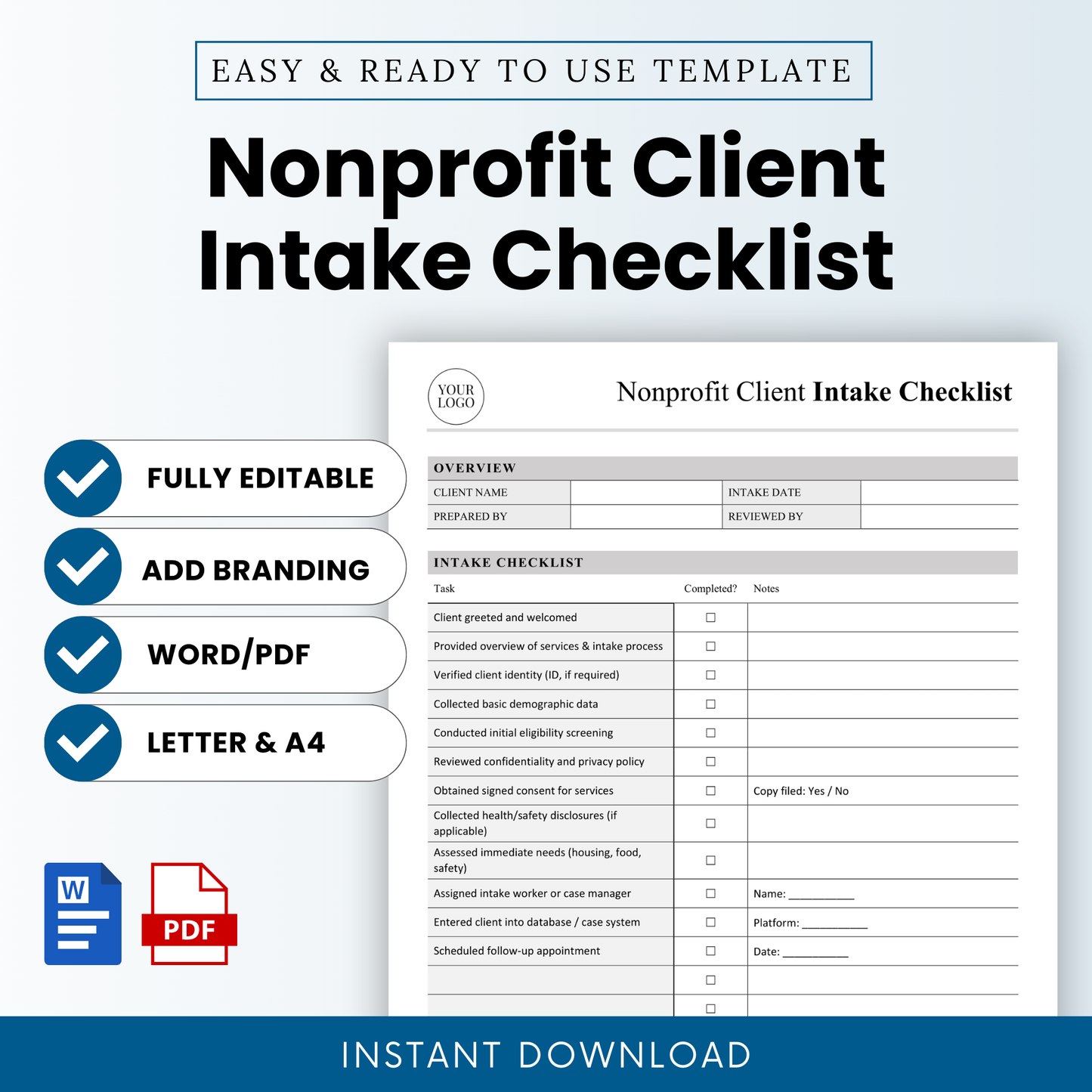Simple nonprofit client intake checklist template with editable sections, checklist tasks, and notes column, plus icons highlighting fully editable, branding-ready Word and PDF formats in US Letter and A4 sizes