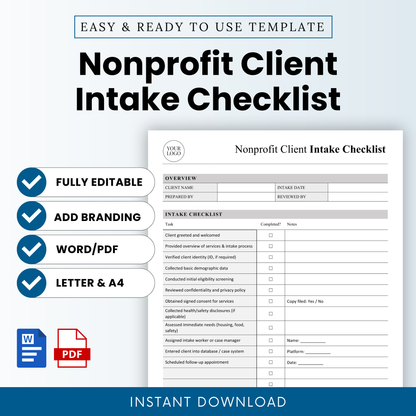 Simple nonprofit client intake checklist template with editable sections, checklist tasks, and notes column, plus icons highlighting fully editable, branding-ready Word and PDF formats in US Letter and A4 sizes
