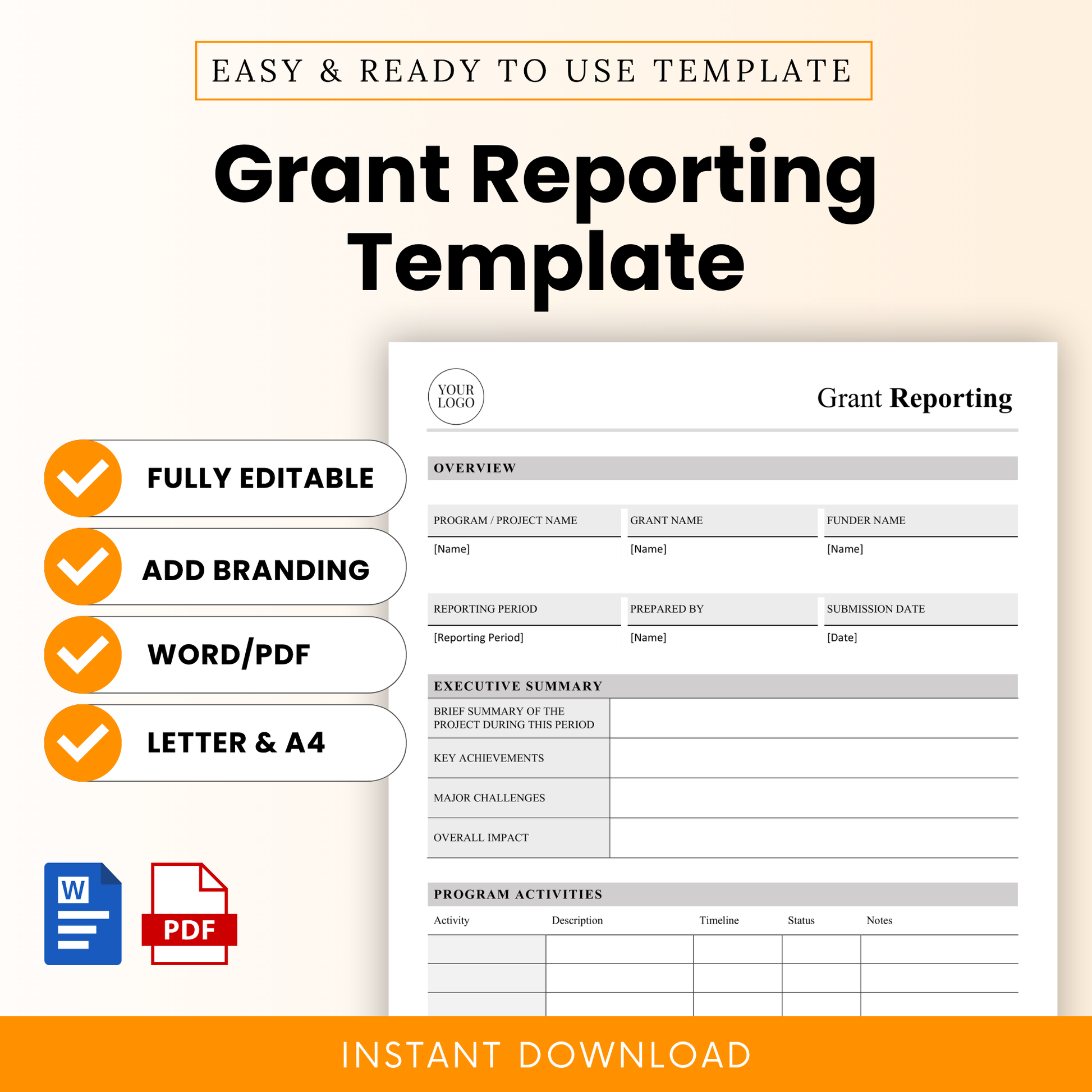 Grant Reporting Template Word and Grant Reporting Template PDF shown with a clean, minimalist layout and professional formatting. This simple Grant Reporting Template is fully editable and ideal for nonprofits, program managers, and grant writers who need a polished, printable business template for funder reports.