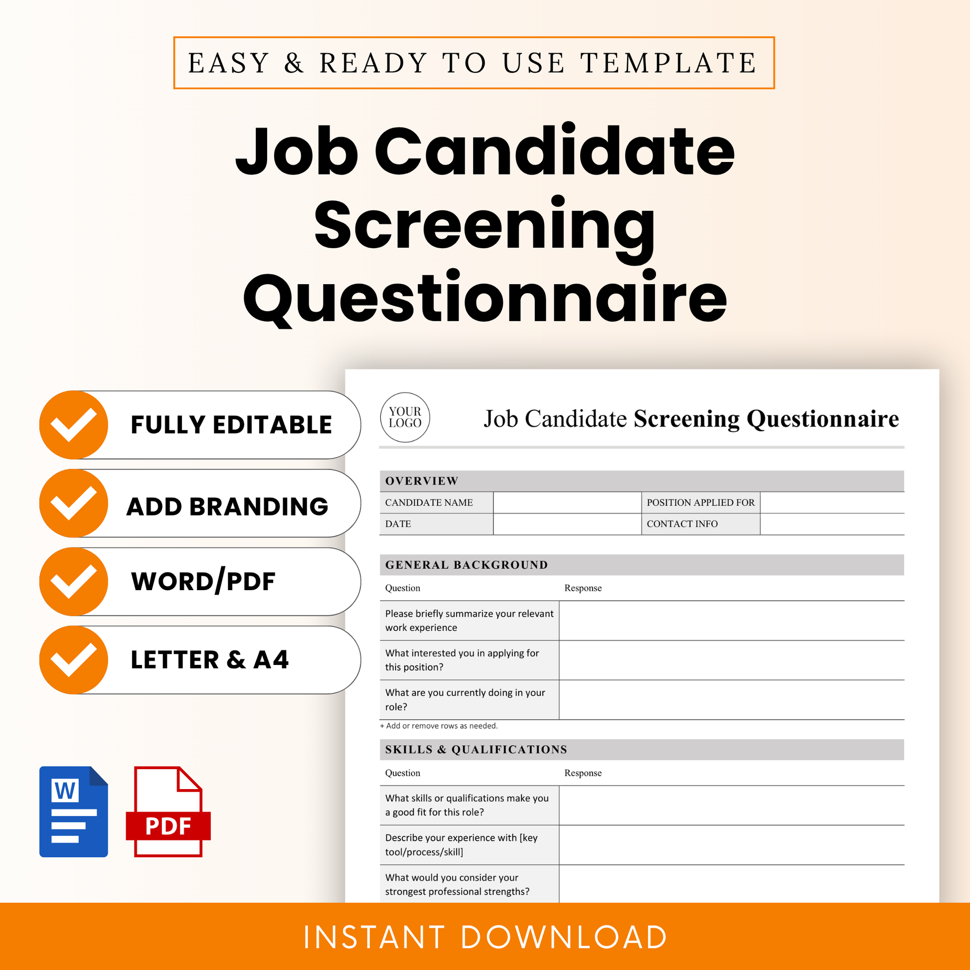Job candidate screening questionnaire template with clean layout, fully editable hiring form for recruiters and HR professionals in Word and PDF format