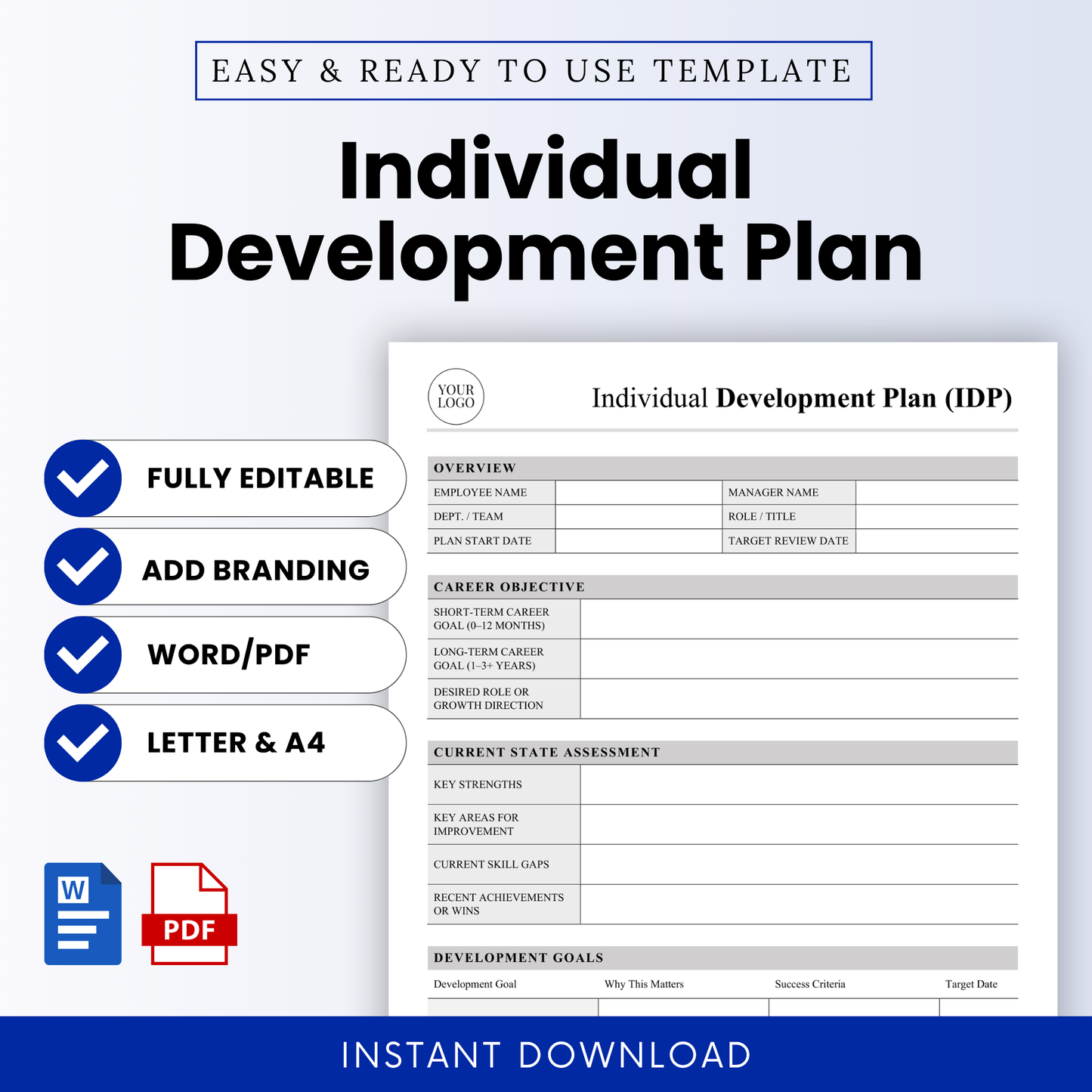 Clean and simple Individual Development Plan template Word cover featuring a professional employee growth planner layout, editable HR document, and career development worksheet designed for performance tracking and goal setting