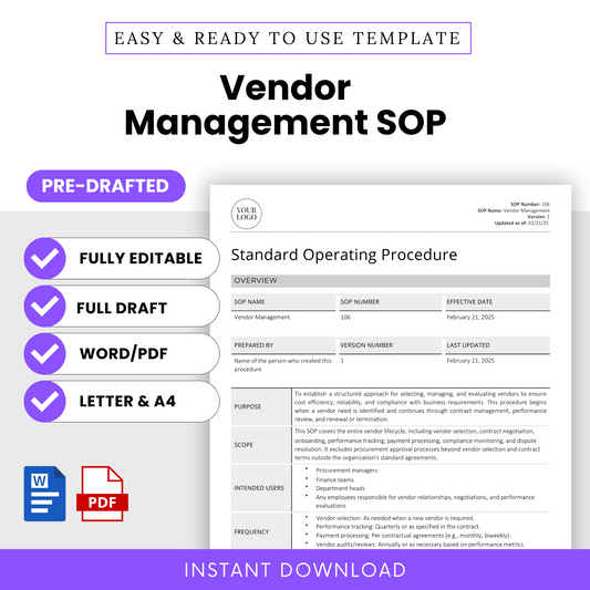 Vendor Management SOP Template (Word & PDF) – Simple Standard Operating Procedure Template