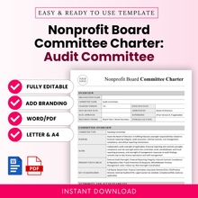 Nonprofit board committee charter audit committee template cover with bold title, editable Word and PDF format, professional governance document layout, instant download