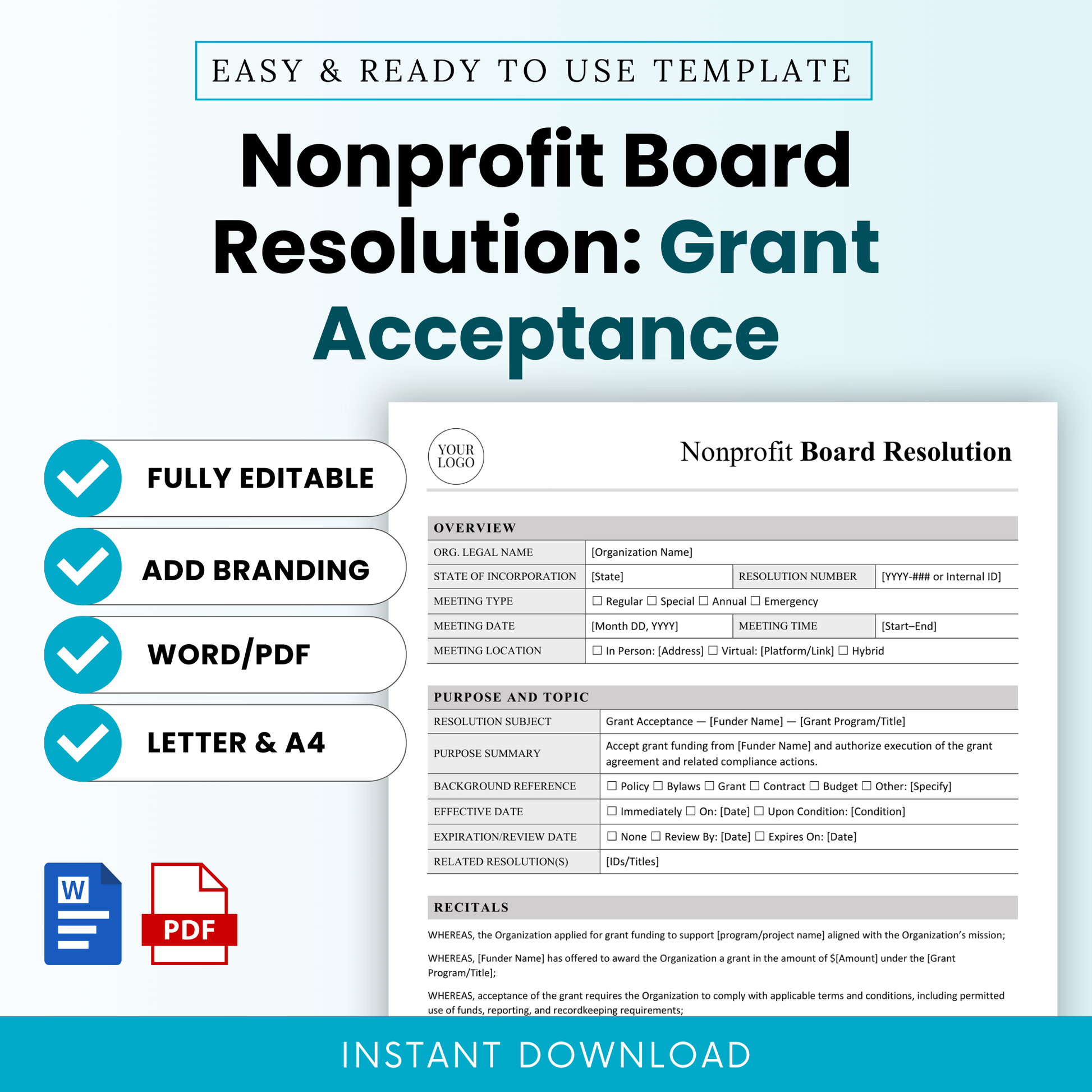 Nonprofit board resolution grant acceptance template with clean minimalist layout, editable Word and printable PDF format, includes sections for meeting details, grant approval, and compliance documentation