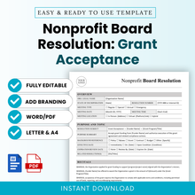 Nonprofit board resolution grant acceptance template with clean minimalist layout, editable Word and printable PDF format, includes sections for meeting details, grant approval, and compliance documentation