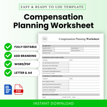 Compensation planning worksheet template with green and white minimalist design, HR salary planning document, editable business worksheet for employee compensation structure, instant download template
