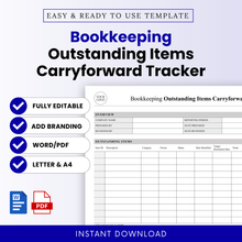 Bookkeeping outstanding items carryforward tracker template preview with editable Word document layout, reconciliation tracking table, and features like fully editable, add branding, Word and PDF formats, letter and A4 sizes, instant download
