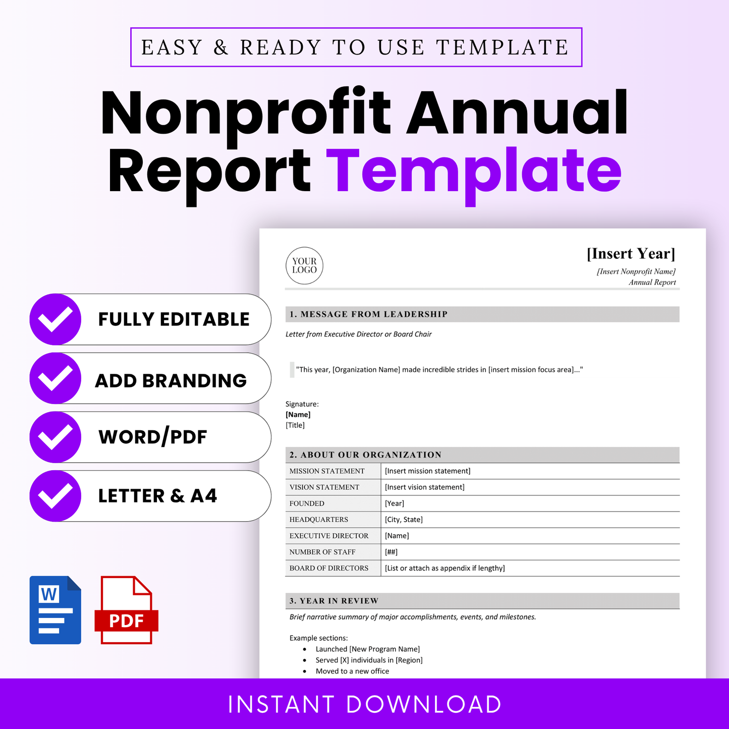 Nonprofit annual report template cover design with purple accents, editable Word and PDF format, includes sections for leadership message, organization overview, and financial summary, clean professional layout for nonprofits