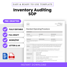 Simple SOP Template for Inventory Audits – Fully editable Standard Operating Procedure (SOP) template in Word and PDF format. Pre-drafted for quick implementation, this SOP template is ideal for businesses in manufacturing, supply chain management, and operations. Designed to streamline document control, versioning, and compliance processes, this professional SOP template helps ensure regulatory adherence and efficient workflow documentation. Available in both Letter and A4 sizes.