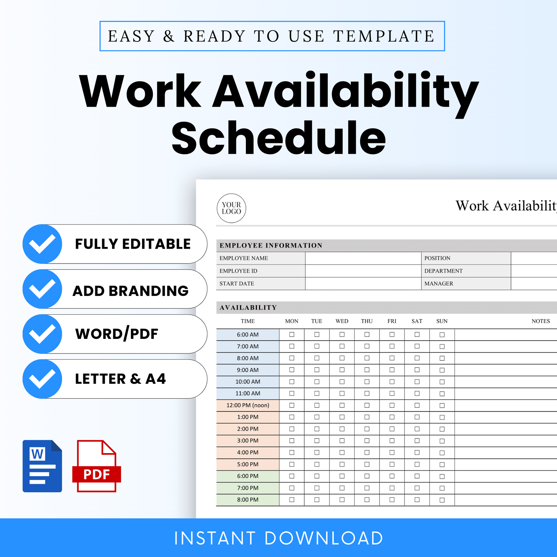 Work availability schedule template with editable employee information section, hourly availability grid, and weekly shift planner layout in Word and PDF formats for workforce scheduling