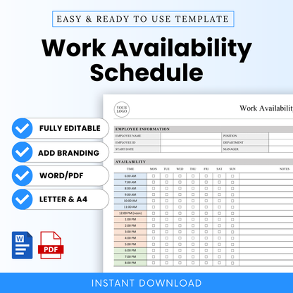 Work availability schedule template with editable employee information section, hourly availability grid, and weekly shift planner layout in Word and PDF formats for workforce scheduling