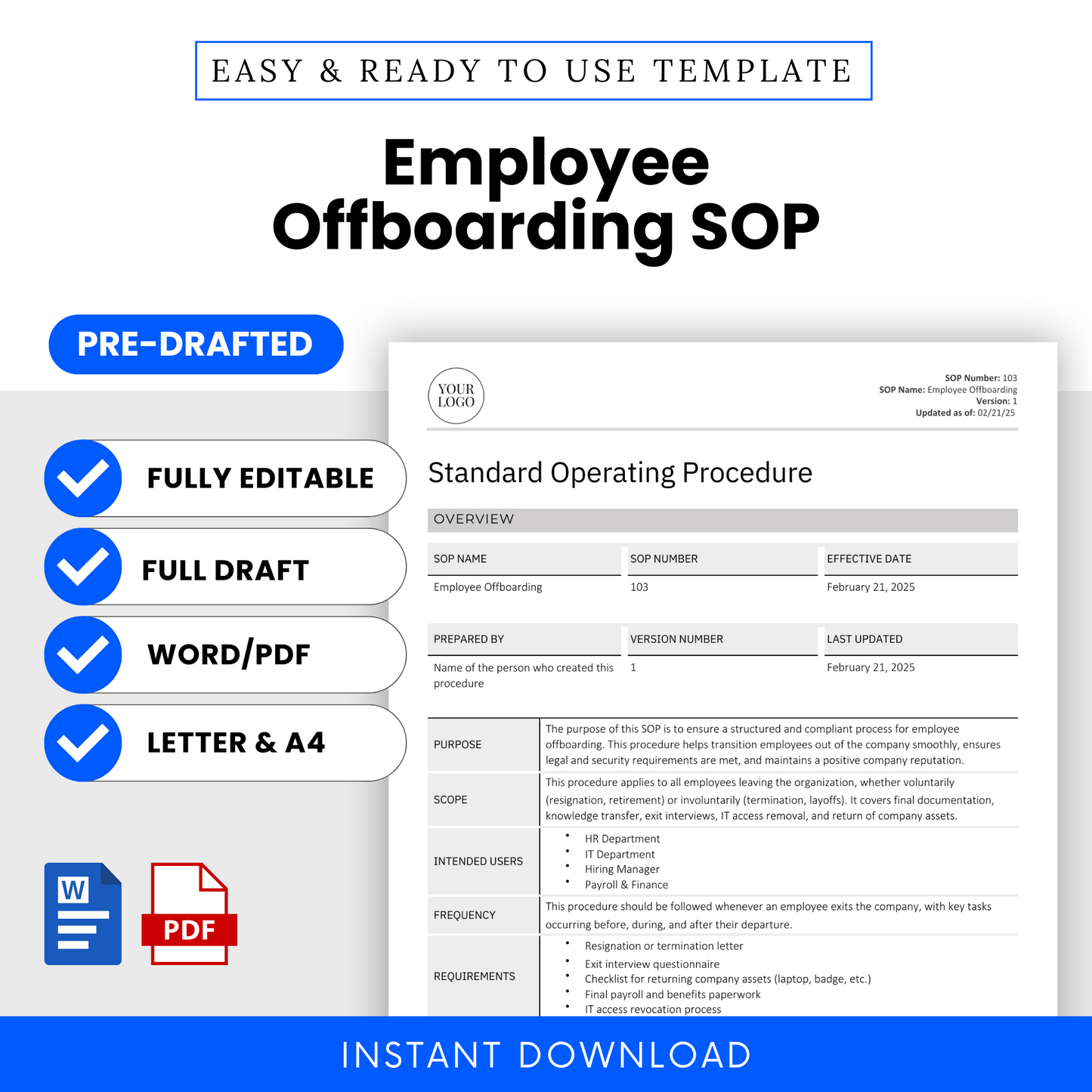 Employee Offboarding SOP Template (Word & PDF) – Simple Standard Operating Procedure Template