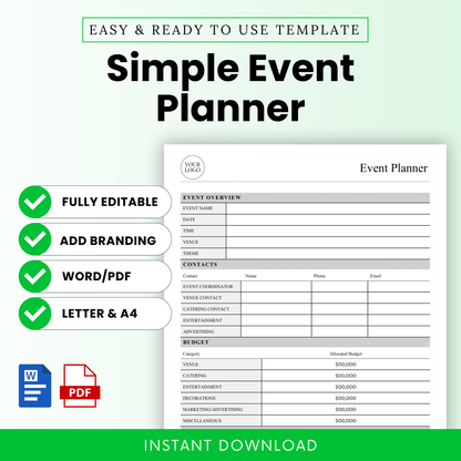 Simple event planner template cover with editable layout, includes event overview, contacts, and budget sections, available in Word and PDF formats, US Letter and A4 sizes, clean professional design for event planning