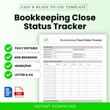 Bookkeeping close status tracker template with clean layout, editable accounting workflow tracker, month end close checklist, Word and PDF formats, instant download