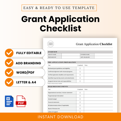 Grant Application Checklist Template Word and Grant Application Checklist Template PDF shown in a clean, modern layout with editable checklist sections. This simple Grant Application Checklist Template is ideal for nonprofits and grant writers to organize funding applications, track requirements, and streamline the grant process using an editable and printable business template.