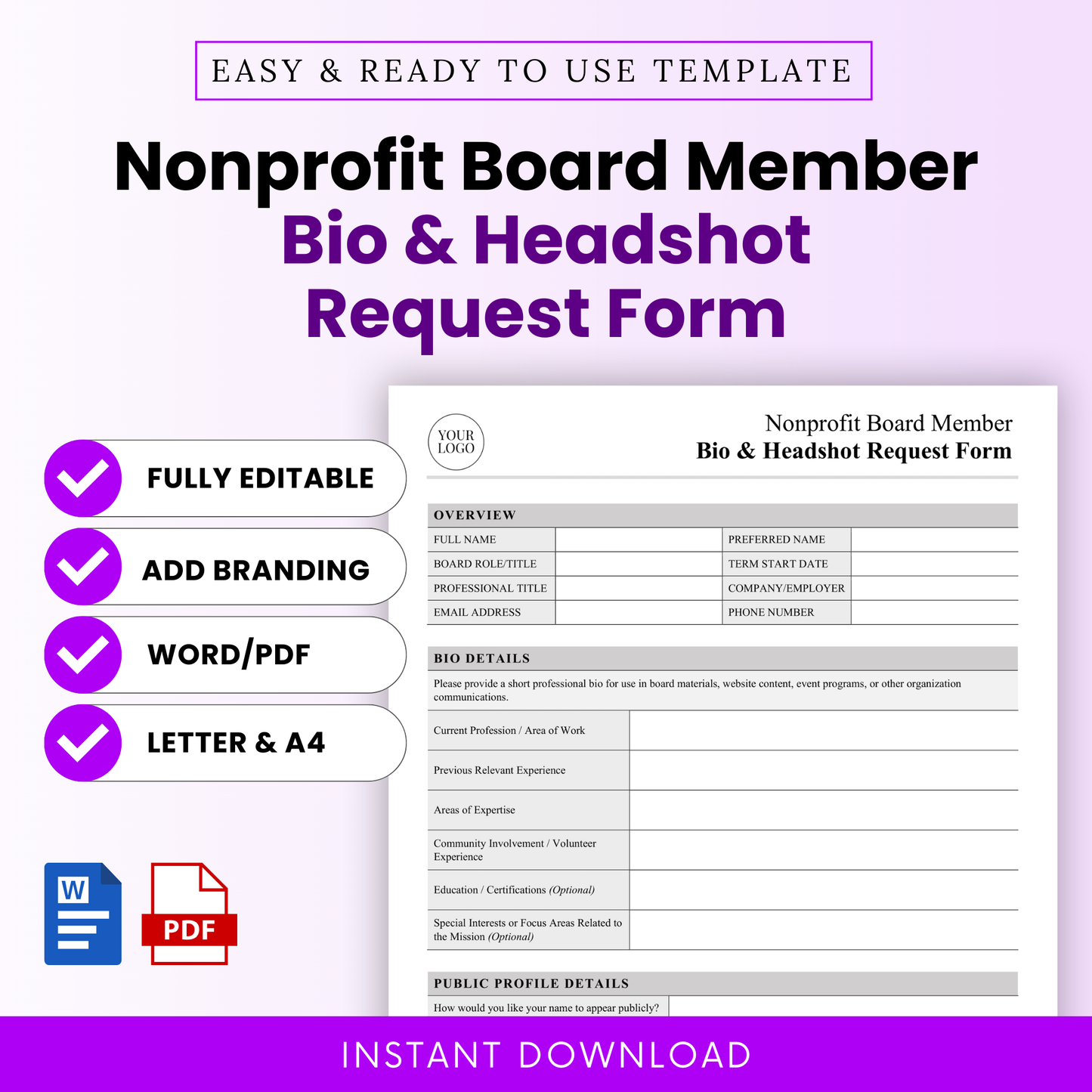 Editable nonprofit board member bio and headshot request form template preview in purple and black, featuring Word and PDF icons, Letter and A4 sizes, branding option, and instant download for nonprofit organizations