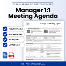 Editable Manager 1:1 meeting agenda template preview for Etsy digital download, featuring a clean professional layout with customizable branding, Word and PDF files, US Letter and A4 sizes, and sections for employee check-ins, agenda items, and action plans