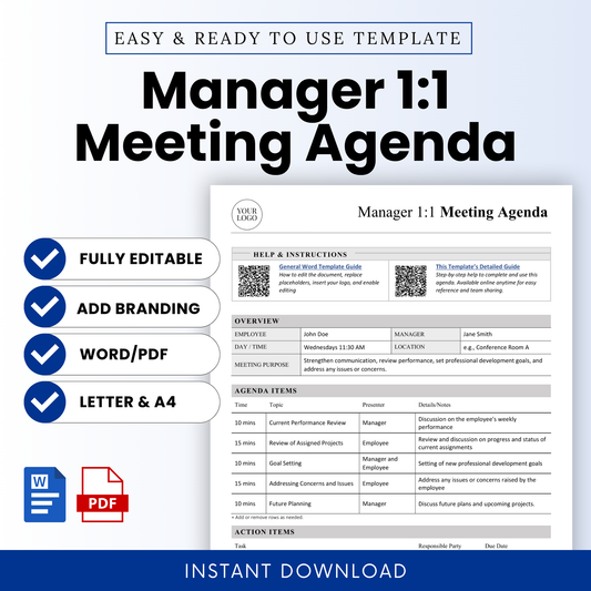 Editable Manager 1:1 meeting agenda template preview for Etsy digital download, featuring a clean professional layout with customizable branding, Word and PDF files, US Letter and A4 sizes, and sections for employee check-ins, agenda items, and action plans