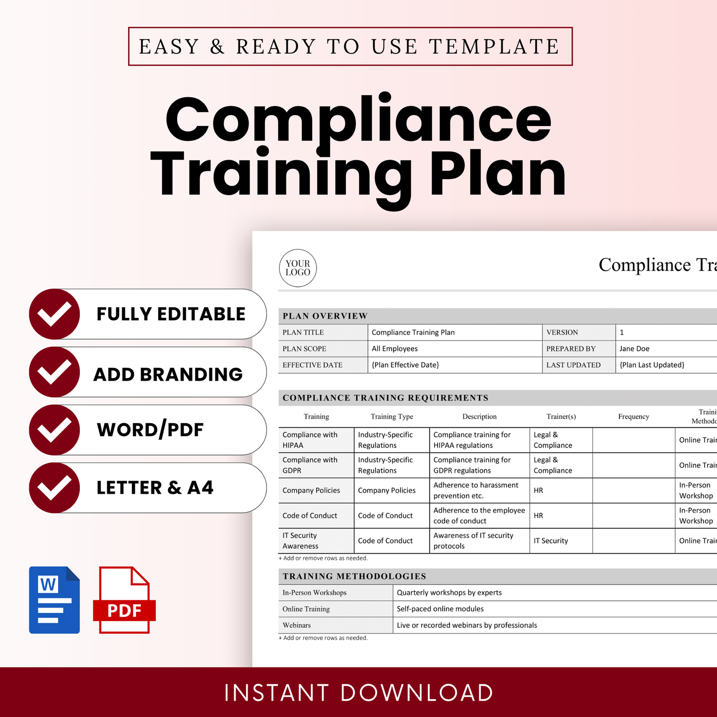 Minimalist compliance training plan template cover with bold black typography, editable Word and PDF document, corporate training plan layout, compliance policy template, HR compliance document, instant download