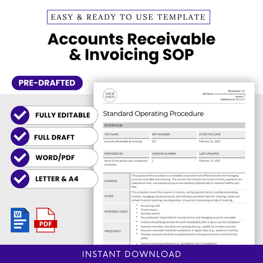 Accounts Receivable & Invoicing SOP Template (Word & PDF) – Simple Standard Operating Procedure Template