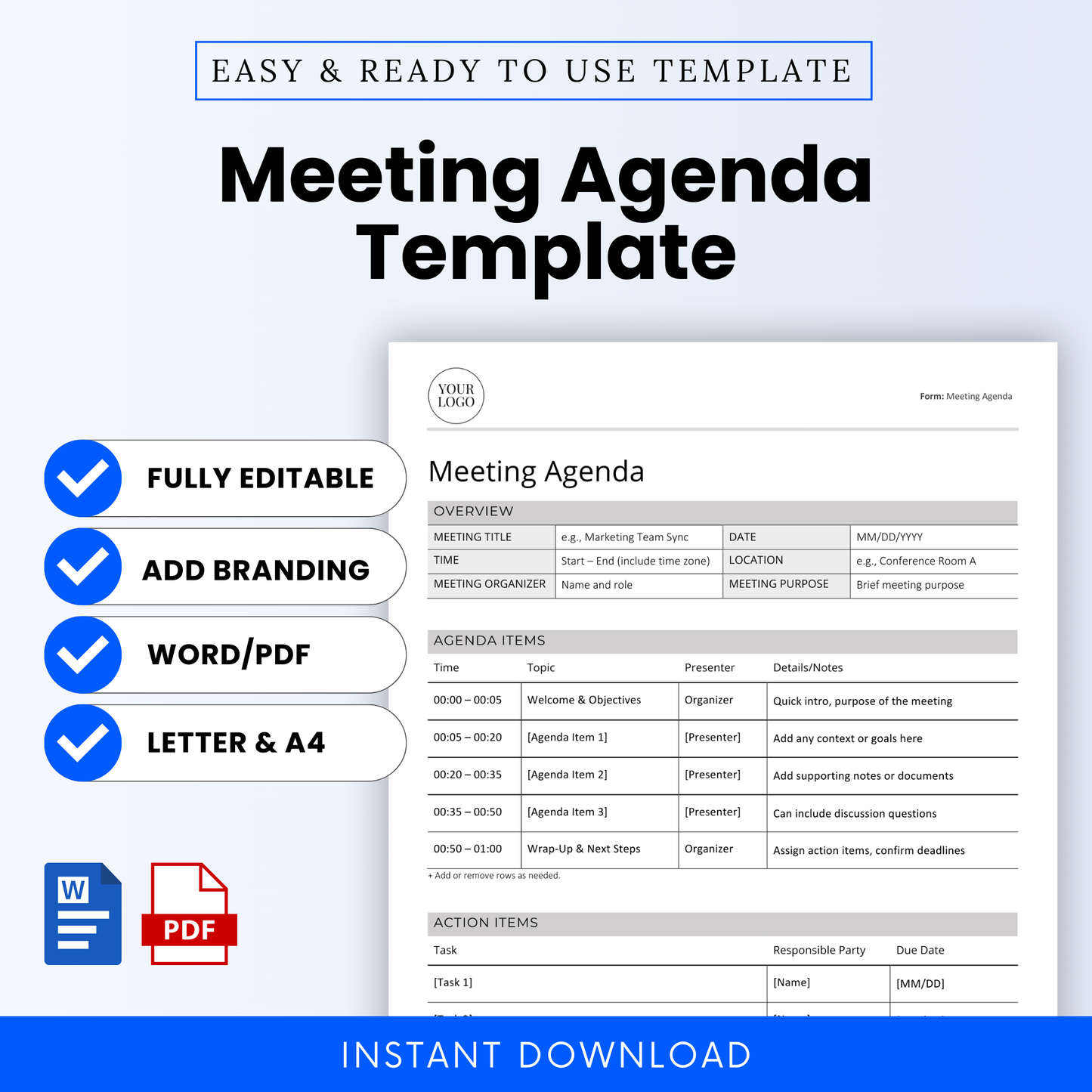 Professional Meeting Agenda Template for instant download. Fully editable Word and PDF files in US Letter and A4 sizes. Includes branding options, structured agenda items, and action item sections. Ideal for business meetings, project planning, and team syncs.