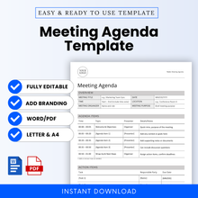 Professional Meeting Agenda Template for instant download. Fully editable Word and PDF files in US Letter and A4 sizes. Includes branding options, structured agenda items, and action item sections. Ideal for business meetings, project planning, and team syncs.