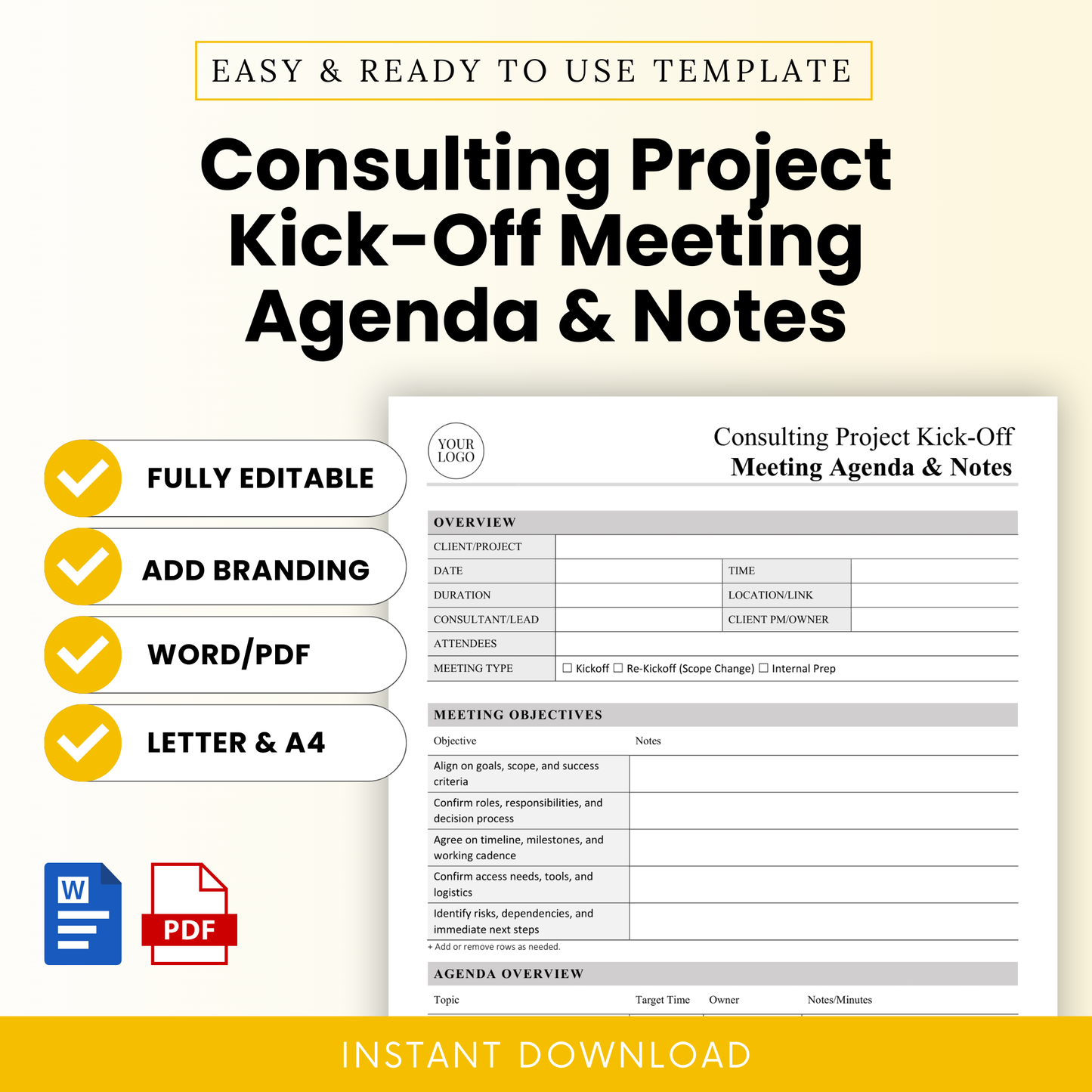 Clean and professional consulting project kick-off meeting agenda template with sections for project overview, meeting objectives, and structured notes, designed for easy customization and branding