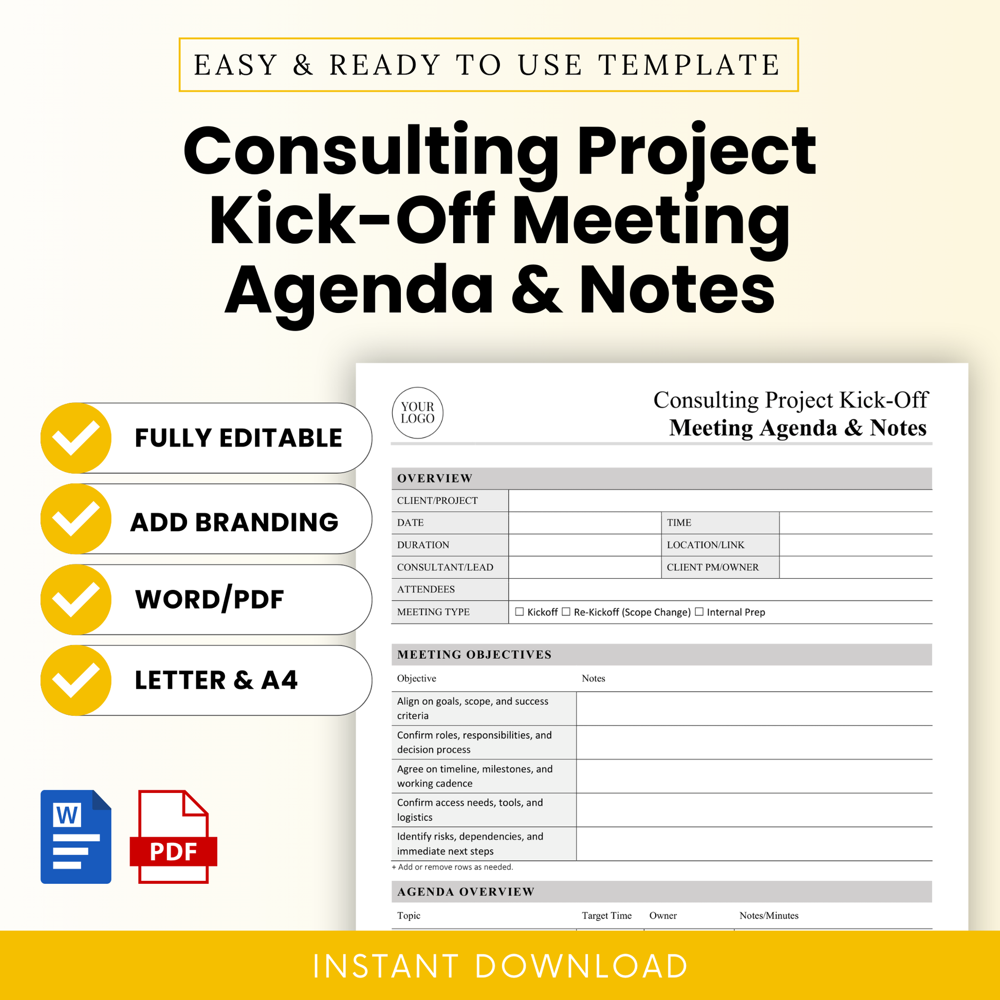 Clean and professional consulting project kick-off meeting agenda template with sections for project overview, meeting objectives, and structured notes, designed for easy customization and branding