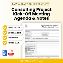 Clean and professional consulting project kick-off meeting agenda template with sections for project overview, meeting objectives, and structured notes, designed for easy customization and branding