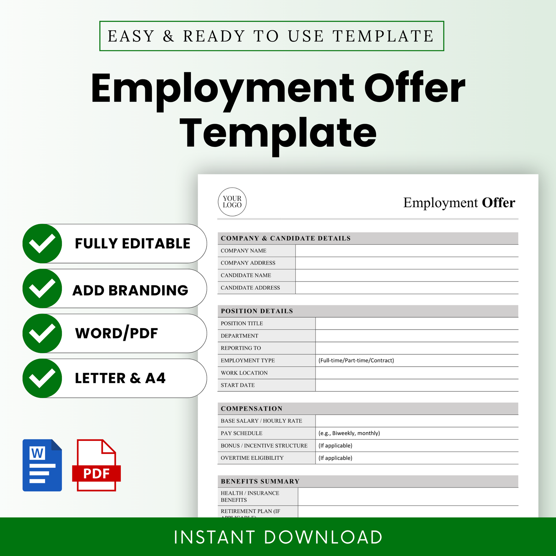 Employment Offer Template Word and Employment Offer Template PDF displayed in a clean, modern layout with key features highlighted, including fully editable format and branding options. This simple Employment Offer Template is ideal for HR professionals, small businesses, and hiring managers looking for a professional, printable business template.